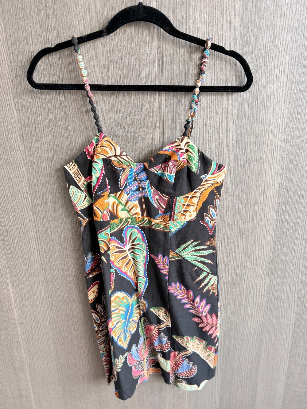 FARM Rio Black Mini Dress with Multicolor Tropical Print